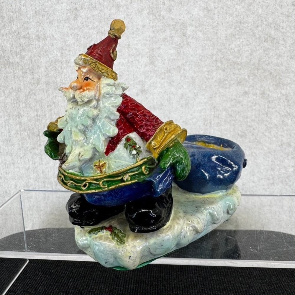 Vtg Santa Claus Figurine with Blue Toy Bag Votive Candle Holder 5.5 Inch